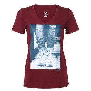 Converse Woman’s Chucks Photo Graphic V-Neck Tee: Burgandy